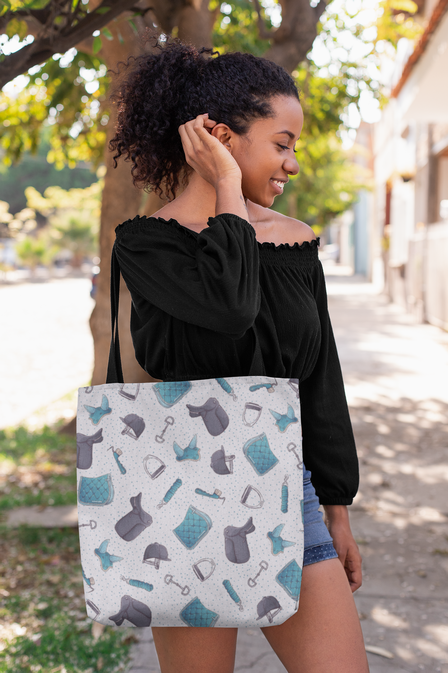 English horse tack allover print gray tote bag