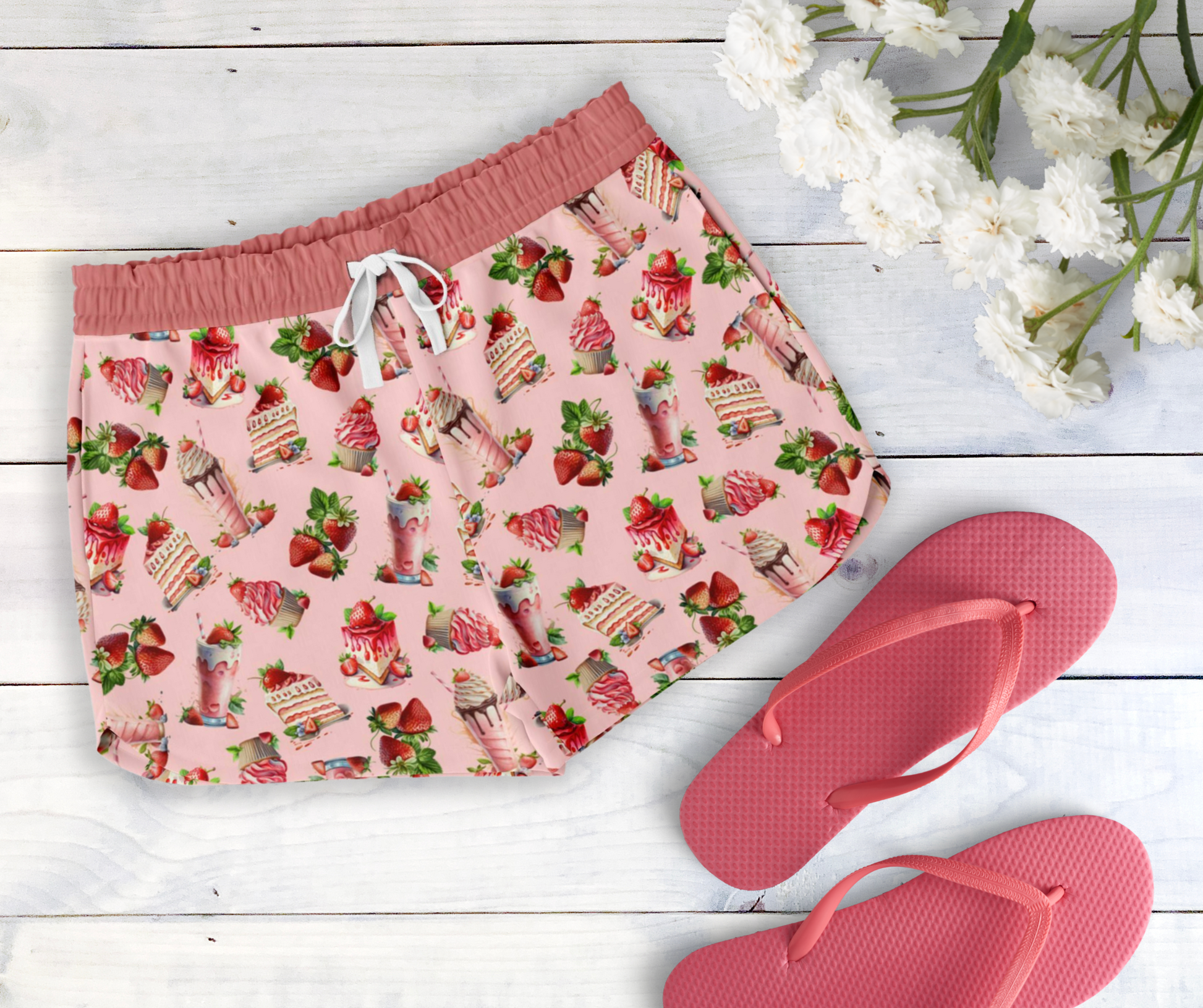 Cute pink lounge shorts featuring a strawberry shortcake themed print. Shorts include a white drawstring waistband and pockets.