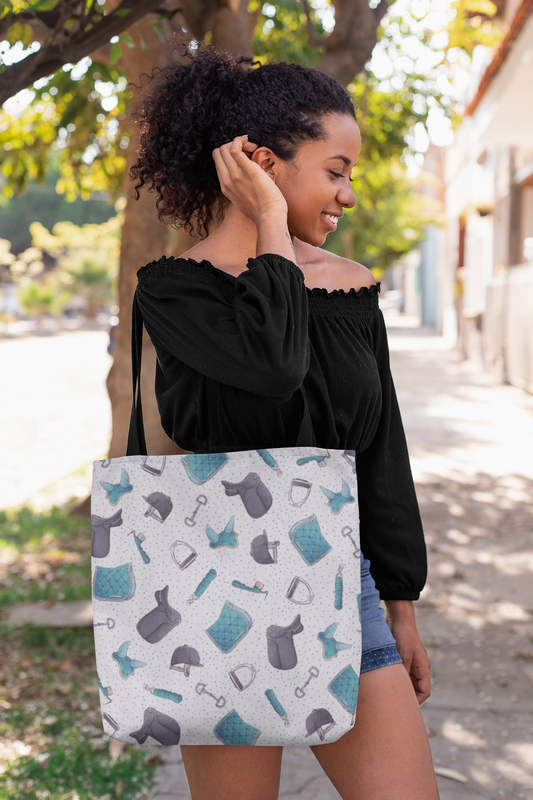 English horse tack allover print gray tote bag